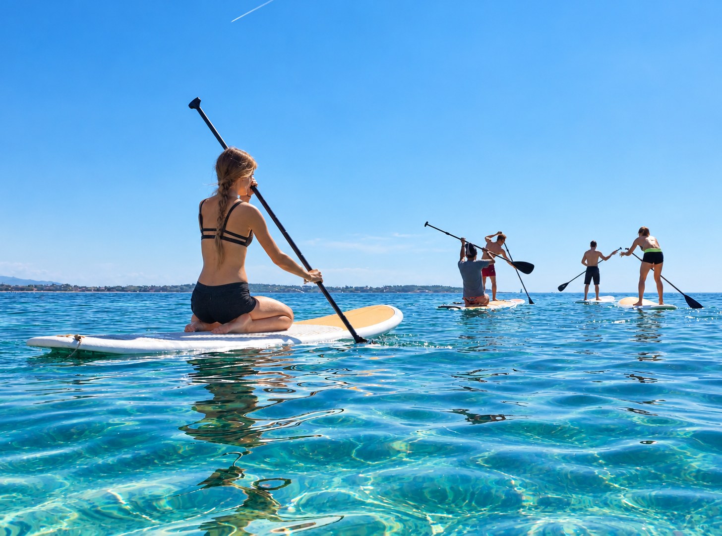 Groupe de personnes en sortie stand-up paddle sur la Méditerranée