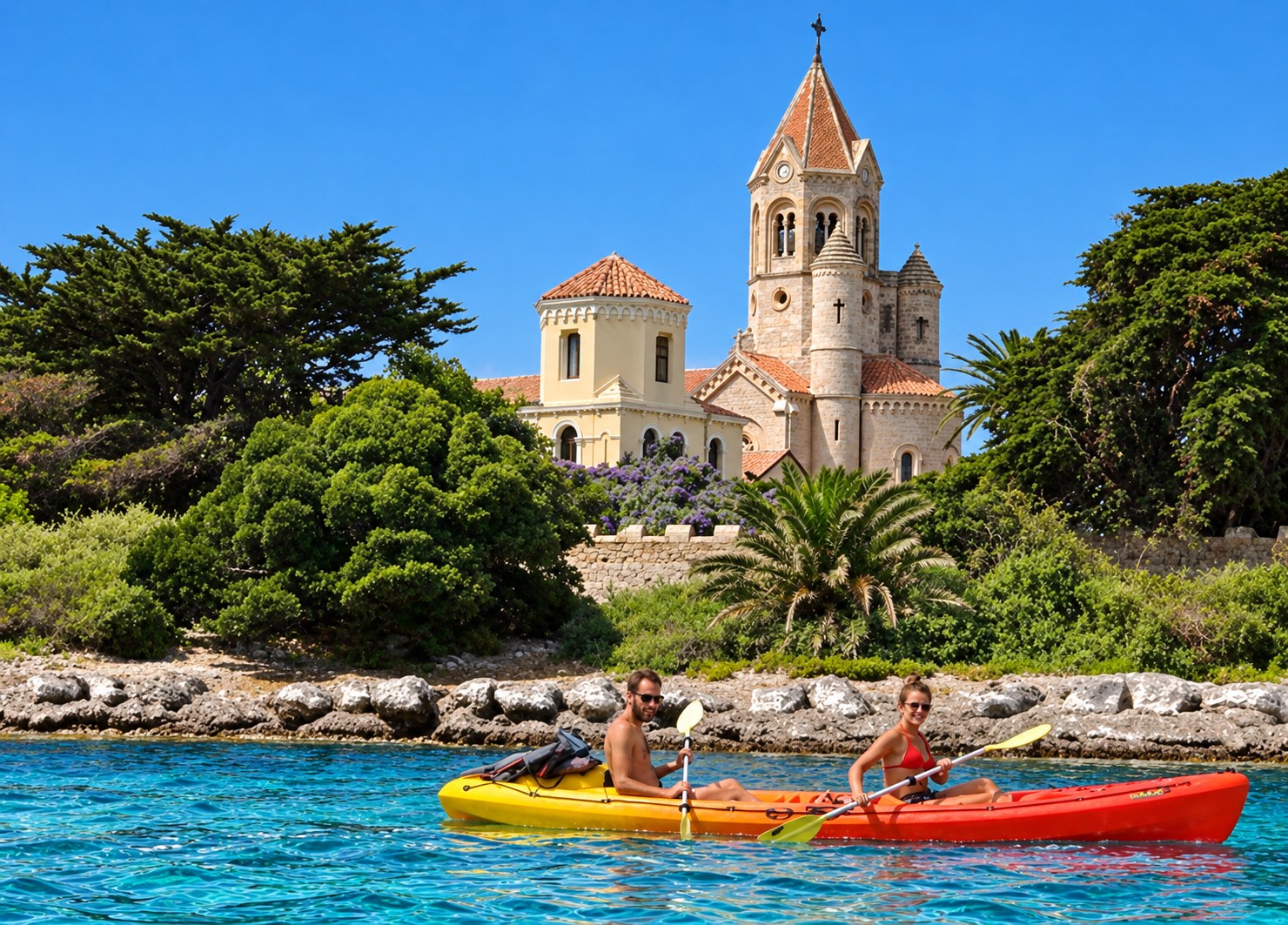 Deux personnes en kayak devant l’abbaye de Saint-Honorat aux îles de Lérins