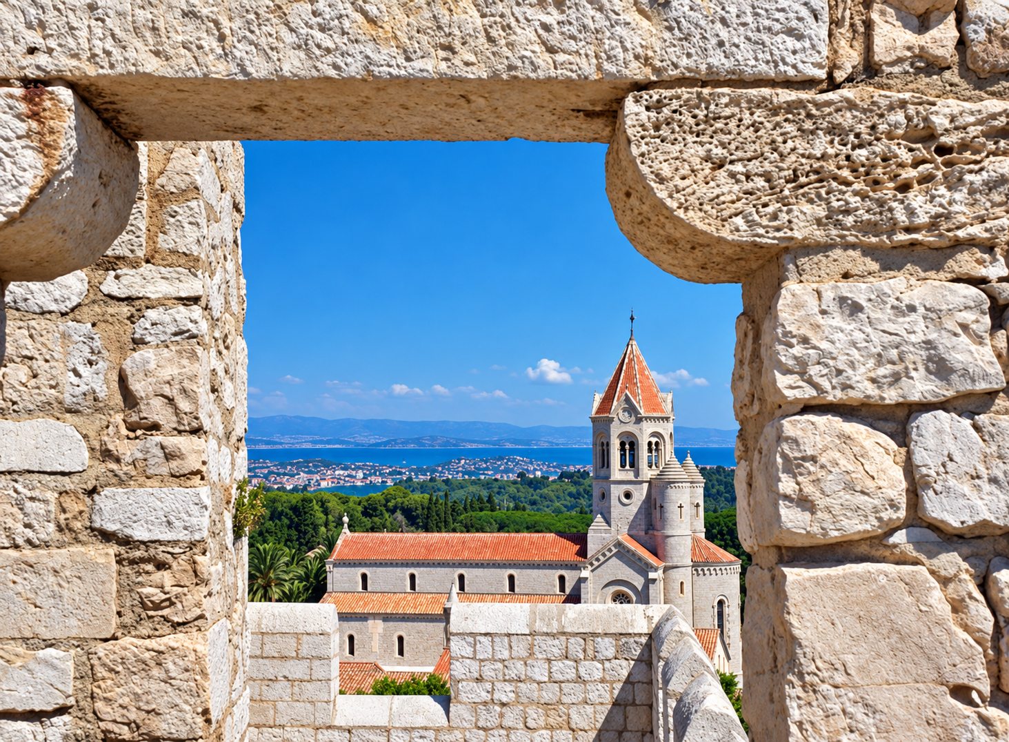 Vue de l’abbaye de Saint-Honorat depuis une ouverture en pierre
